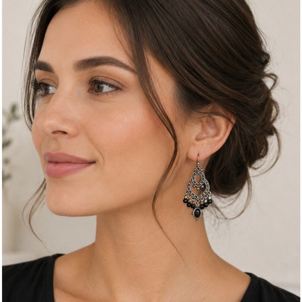 White House Black Market Silver Black Stone Earrings - Picture 2 of 2